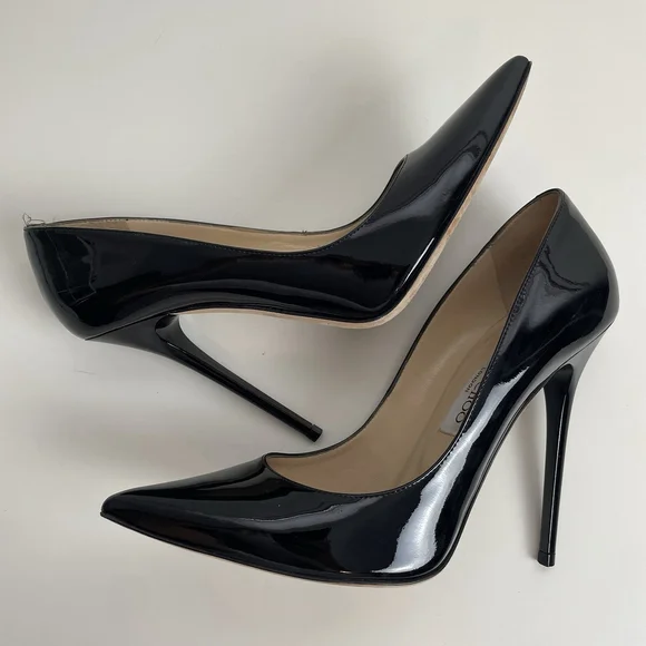 Jimmy Choo Black Patent Leather Pointed Toe Pumps Heels Size 38 Stiletto Classic - Picture 3 of 12